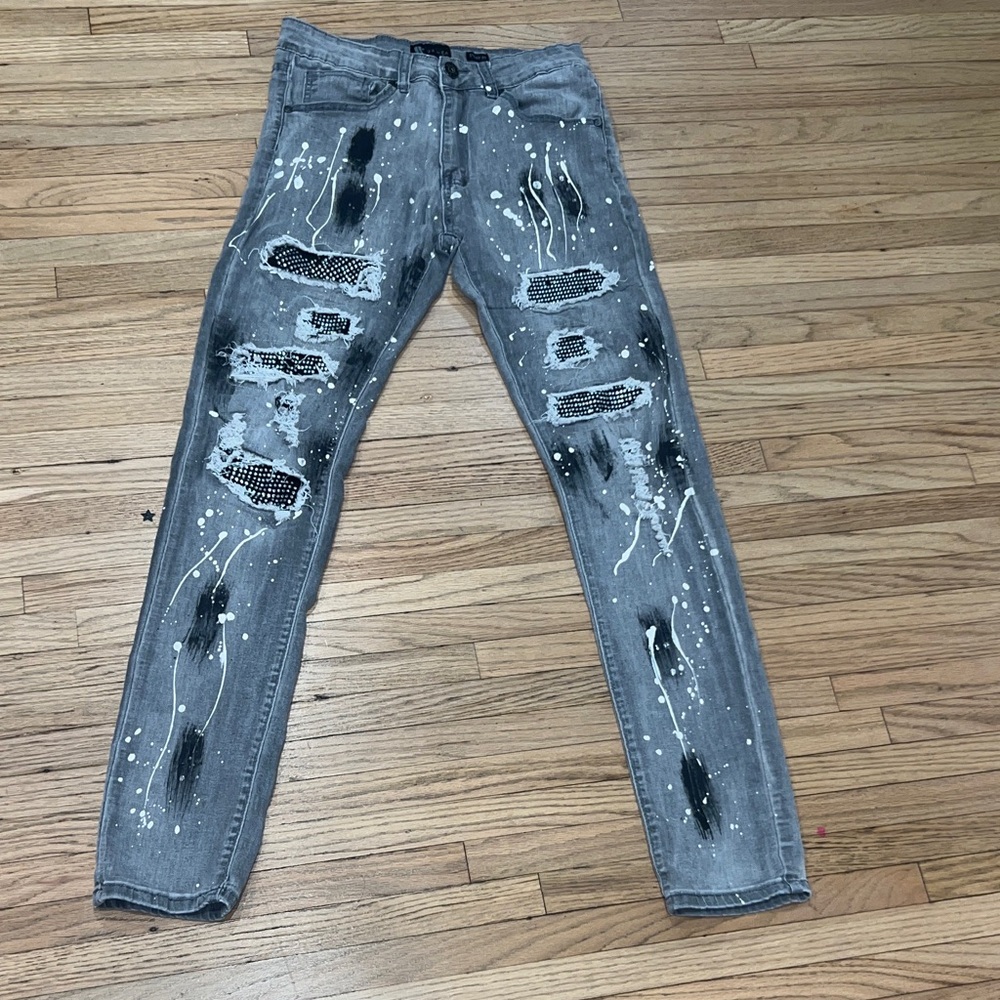 Gray Distressed Paint-Splatter Men’s Jeans